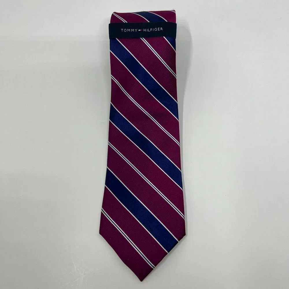 Tommy Hilfiger Men's 100% Silk Tie Stripe Burgundy/Deep Violet/White Vintage NWT